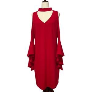 Vince Camuto Short Shift Dress Choker Ruffle Cold Shoulder Women's Size L Red